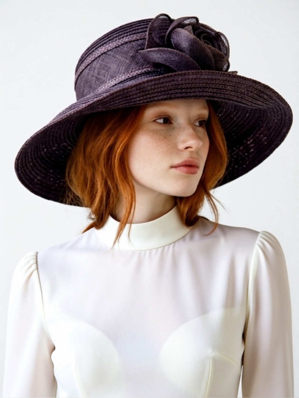 Betmar New York VTG Straw Hat with Floral Trim, eggplant, 22”, GUC